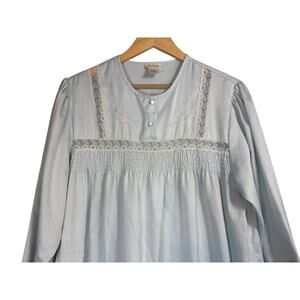 Vintage Blue Embroidered Long Nightgown Large Granny Grandma Modest Long Sleeve